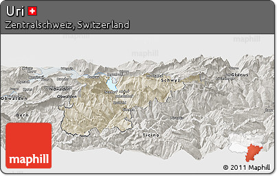 Shaded Relief Panoramic Map of Uri, semi-desaturated