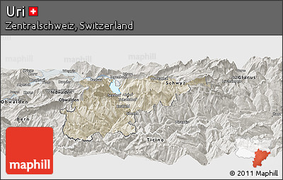Shaded Relief Panoramic Map of Uri, semi-desaturated
