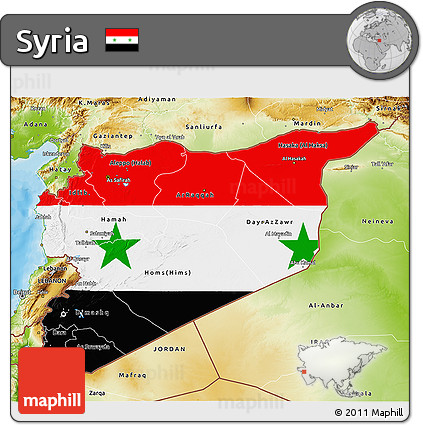 Flag 3D Map of Syria, physical outside, bathymetry sea, flag centered