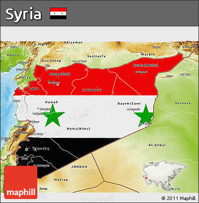 Flag 3D Map of Syria, physical outside, bathymetry sea, flag centered