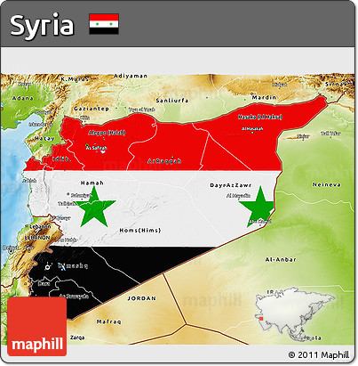 Flag 3D Map of Syria, physical outside, bathymetry sea, flag centered