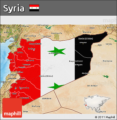 Flag 3D Map of Syria, satellite outside, bathymetry sea, flag rotated