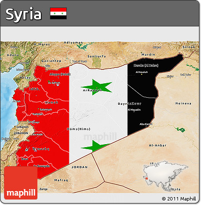 Flag 3D Map of Syria, satellite outside, bathymetry sea, flag rotated