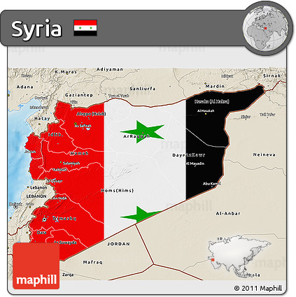 Flag 3D Map of Syria, shaded relief outside, flag rotated