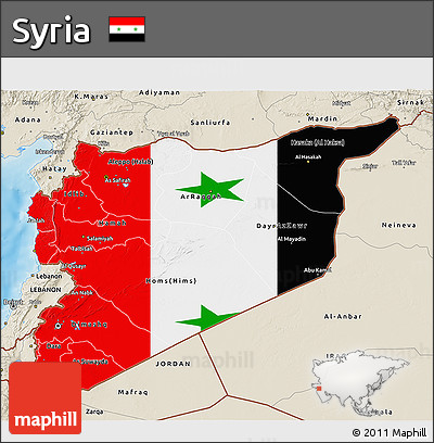 Flag 3D Map of Syria, shaded relief outside, flag rotated