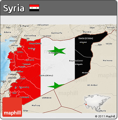 Flag 3D Map of Syria, shaded relief outside, flag rotated