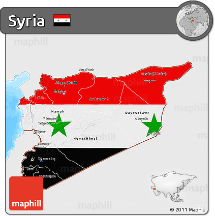 Flag 3D Map of Syria, single color outside, bathymetry sea, flag centered