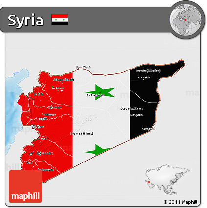 Flag 3D Map of Syria, single color outside, shaded relief sea, flag rotated