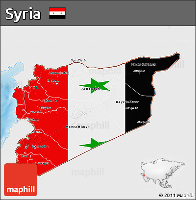 Flag 3D Map of Syria, single color outside, shaded relief sea, flag rotated