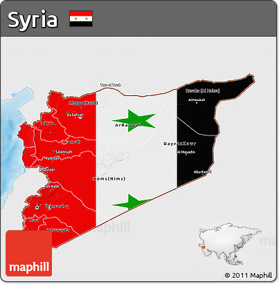 Flag 3D Map of Syria, single color outside, shaded relief sea, flag rotated