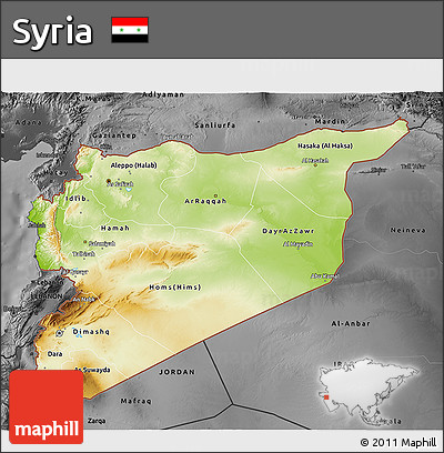 Physical 3D Map of Syria, darken, desaturated