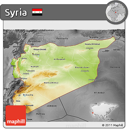 Physical 3D Map of Syria, darken, desaturated