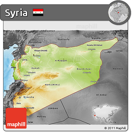 Physical 3D Map of Syria, darken, desaturated, land only