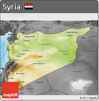 Physical 3D Map of Syria, darken, desaturated, land only