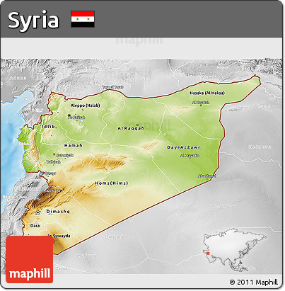 Physical 3D Map of Syria, lighten, desaturated, land only