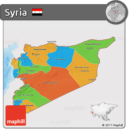 Political 3D Map of Syria, single color outside, shaded relief sea