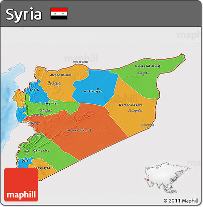 Political 3D Map of Syria, single color outside, shaded relief sea