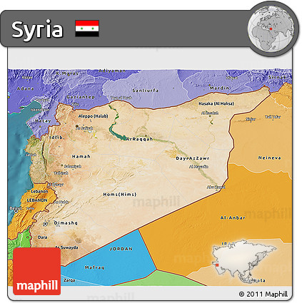 Satellite 3D Map of Syria, political shades outside, satellite sea
