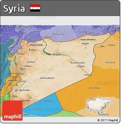 Satellite 3D Map of Syria, political shades outside, satellite sea