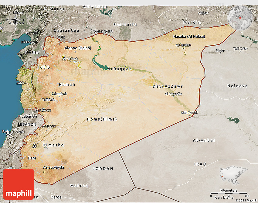 Free version of Satellite 3D Map of Syria, semi-desaturated, land only.