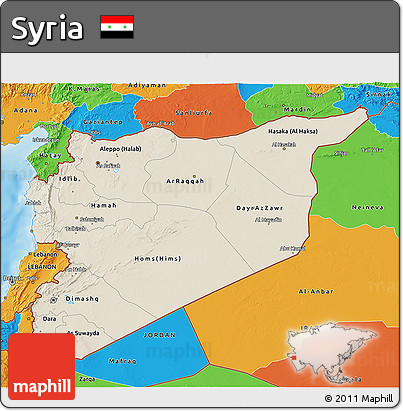Shaded Relief 3D Map of Syria, political outside, shaded relief sea