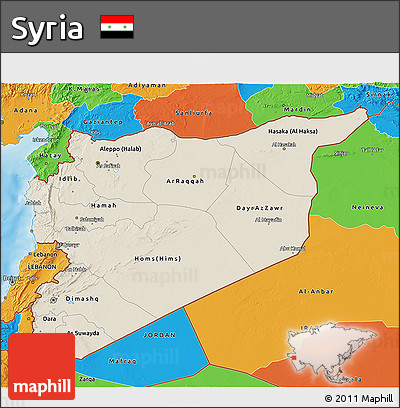 Shaded Relief 3D Map of Syria, political outside, shaded relief sea