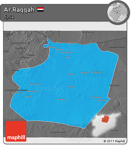 Political 3D Map of Ar Raqqah, darken, desaturated