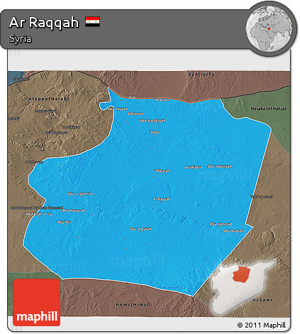 Political 3D Map of Ar Raqqah, darken, semi-desaturated