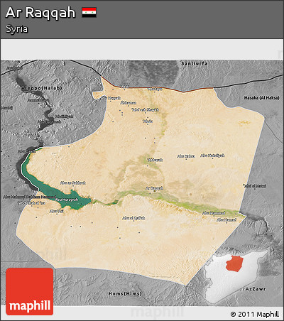 Satellite 3D Map of Ar Raqqah, darken, desaturated