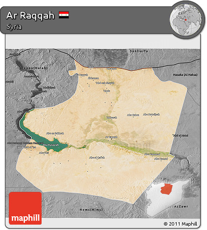 Satellite 3D Map of Ar Raqqah, darken, desaturated