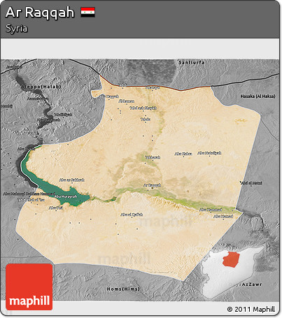 Satellite 3D Map of Ar Raqqah, darken, desaturated