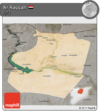 Satellite 3D Map of Ar Raqqah, darken, semi-desaturated