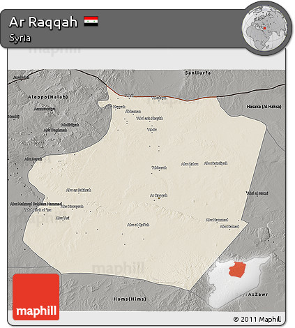 Shaded Relief 3D Map of Ar Raqqah, darken, semi-desaturated