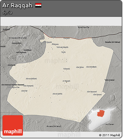 Shaded Relief 3D Map of Ar Raqqah, darken, semi-desaturated