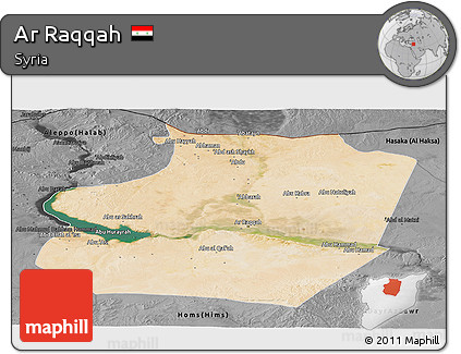 Satellite Panoramic Map of Ar Raqqah, darken, desaturated