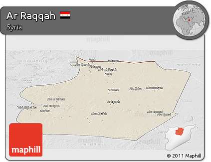 Shaded Relief Panoramic Map of Ar Raqqah, lighten, desaturated