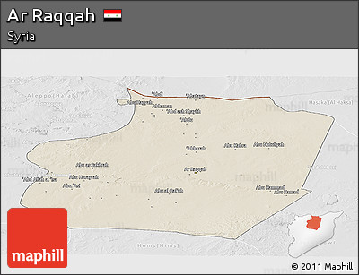 Shaded Relief Panoramic Map of Ar Raqqah, lighten, desaturated