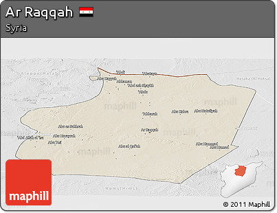 Shaded Relief Panoramic Map of Ar Raqqah, lighten, desaturated
