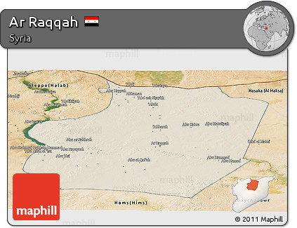 Shaded Relief Panoramic Map of Ar Raqqah, satellite outside