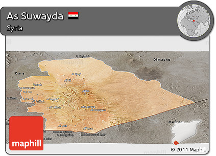 Satellite Panoramic Map of As Suwayda, darken, semi-desaturated
