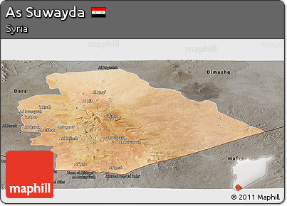 Satellite Panoramic Map of As Suwayda, darken, semi-desaturated