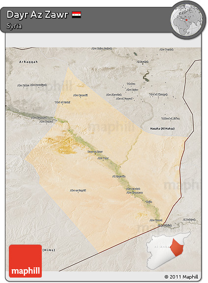 Satellite 3D Map of Dayr Az Zawr, semi-desaturated