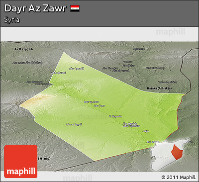Physical Panoramic Map of Dayr Az Zawr, darken, semi-desaturated