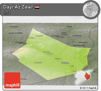 Physical Panoramic Map of Dayr Az Zawr, darken, semi-desaturated