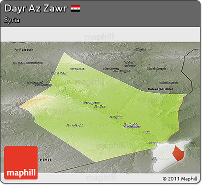 Physical Panoramic Map of Dayr Az Zawr, darken, semi-desaturated