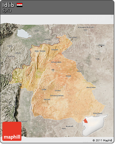 Satellite 3D Map of Idlib, semi-desaturated