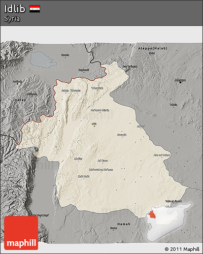Shaded Relief 3D Map of Idlib, darken, semi-desaturated