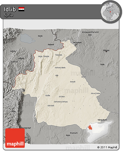 Shaded Relief 3D Map of Idlib, darken, semi-desaturated