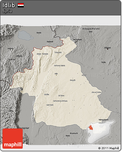 Shaded Relief 3D Map of Idlib, darken, semi-desaturated