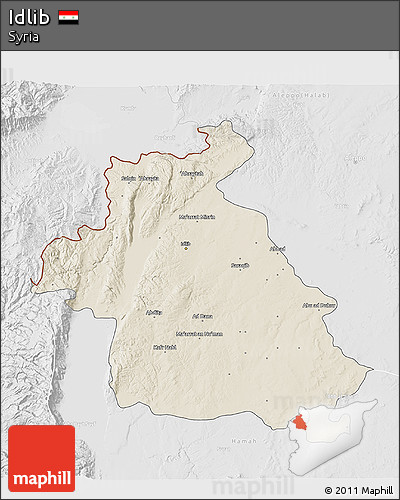 Shaded Relief 3D Map of Idlib, lighten, desaturated